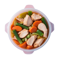 AI generated food in a container. stewed chicken, stewed vegetable isolated on transparent background png