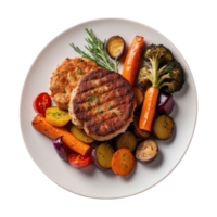 AI generated delicious cutlets with roasted vegetables isolated on transparent background png