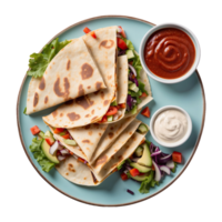 ai generado mexicano Quesadilla rebanado con vegetales y salsas aislado en transparente antecedentes png