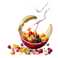 ai gegenereerd fruit salade morsen Aan de verdieping was een knoeien van levendig kleuren geïsoleerd Aan transparant achtergrond png