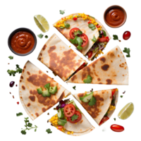 AI generated Mexican quesadilla sliced with vegetables and sauces isolated on transparent background png