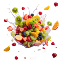 ai généré fruit salade effusion sur le sol a été une désordre de vibrant couleurs isolé sur transparent Contexte png