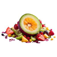 ai gegenereerd fruit salade morsen Aan de verdieping was een knoeien van levendig kleuren geïsoleerd Aan transparant achtergrond png