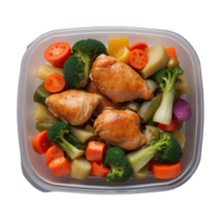 AI generated food in a container. stewed chicken, stewed vegetable isolated on transparent background png