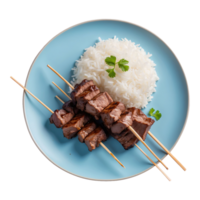 AI generated Grilled skewered milk beef with white sticky rice on plate isolated on transparent background png