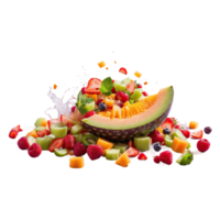 ai généré fruit salade effusion sur le sol a été une désordre de vibrant couleurs isolé sur transparent Contexte png