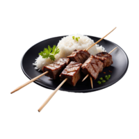 AI generated Grilled skewered milk beef with white sticky rice on plate isolated on transparent background png