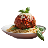 ai généré spaghetti boulette de viande surmonté avec Parmesan et basilic isolé sur transparent Contexte png