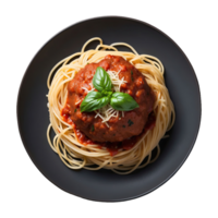 ai generiert Spaghetti Frikadelle gekrönt mit Parmesan und Basilikum isoliert auf transparent Hintergrund png