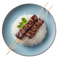 AI generated Grilled skewered milk beef with white sticky rice on plate isolated on transparent background png