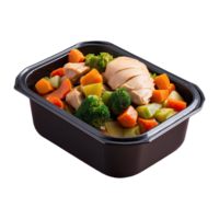 AI generated food in a container. stewed chicken, stewed vegetable isolated on transparent background png