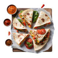 ai generato messicano Quesadilla affettato con verdure e salse isolato su trasparente sfondo png