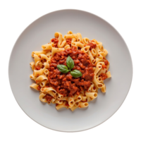 ai généré macaroni nouilles avec Viande et tomate sauce servi sur assiette isolé sur transparent Contexte png