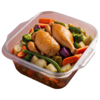 AI generated food in a container. stewed chicken, stewed vegetable isolated on transparent background png