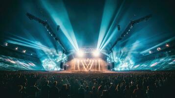 ai generado concierto multitud en frente de un brillante etapa con luces y fumar foto