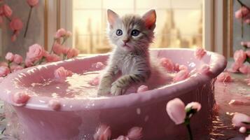 AI generated Cute bengal cat bathes in a pink bathtub photo