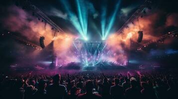 AI generated Concert crowd in front of a big stage with lights and smoke photo