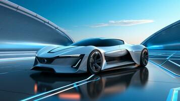 AI generated 3D rendering of a brand-less generic concept car in a futuristic environment photo