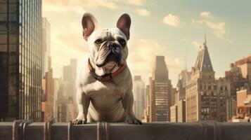 french bulldog, french bulldog on city background, cute dog on city background copy space. Dog picture with free space for advertising print photo