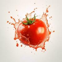 tomate con jugo chapoteo aislado en blanco antecedentes. 3d ilustración foto