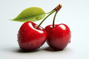 AI generated Cherries with water drops on a white background, close-up photo