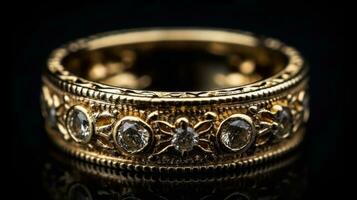 AI generated Jewelry ring with diamonds on a black background close-up Selective focus photo