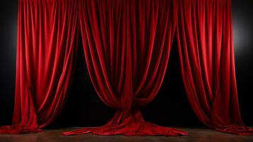 AI generated Red velvet curtain on dark background. 3d render illustration mock up photo