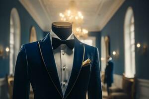 ai generado Boda traje y arco Corbata en un maniquí en el habitación foto