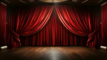 AI generated Red stage curtain with spotlights and wooden floor. 3d rendering photo