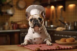 gracioso imagen de un francés buldog en un cocinero traje, exhibiendo culinario humor en el cocina ajuste. Copiar espacio Perfecto para relacionado con la comida proyectos y entretenimiento diseños, ai generativo foto