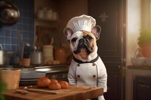 gracioso imagen de un francés buldog en un cocinero traje, exhibiendo culinario humor en el cocina ajuste. Copiar espacio Perfecto para relacionado con la comida proyectos y entretenimiento diseños, ai generativo foto