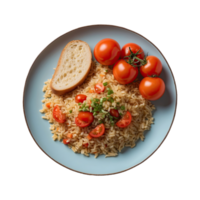 ai generado pilaf con Enlatado Tomates y un pan en un plato aislado en transparente antecedentes png