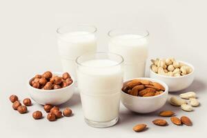 Different types of vegan non diary milk. Health care and diet concept photo