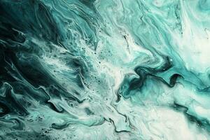 Fluid Art. Liquid transparent white and Velvet Jade green abstract paint drips and wave. Marble effect background or texture photo