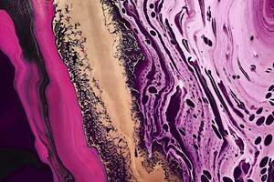 Metallic gold abstraction on purple and pink waves. Fluid Art. Marble effect background or texture photo