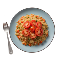 ai generado pilaf con Enlatado Tomates y un pan en un plato aislado en transparente antecedentes png