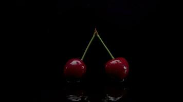 Cherry slow motion closeup falling in water with Splash droplets on black background macro shot cooking video