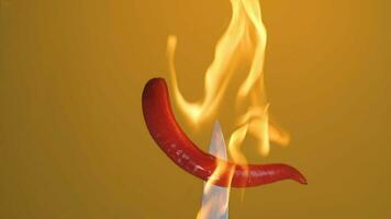 heiß rot Chili Pfeffer auf ein Messer im Flammen auf ein Orange Hintergrund. würzig Essen Konzept. video