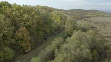 aérien vue de une rétro train sur le chemin de fer des pistes. drone vol plus de le vieux rouillé wagons de le étroit jauge chemin de fer video