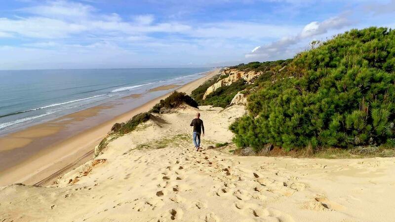 Mature man walking through the dunes of Arenosillo beach, located in Huelva, Spain. Explore the serene beauty of this coastal paradise with its sunlit sandy shores . 36398519 Stock Video at Vecteezy