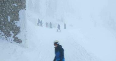 Brasov, Roumanie - février 2019 - amateur skieurs dans le montagnes ayant amusement. lourd neige sur une brumeux journée. video