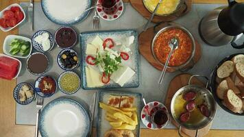 top view of turkish breakfast on table video