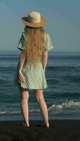 Rear view of woman with long legs and barefoot standing along beach of black sand of Pacific Coast video