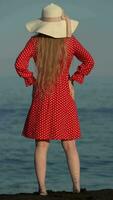 Rear view of unrecognizable woman in red dress standing on seashore, sea wave rolls on her bare feet video