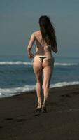 posterior ver de mujer en bikini corriendo en negro arenoso playa de Pacífico Oceano durante verano Días festivos video