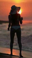 Silhouette of woman in bikini, straw sun hat walking on beach at sunrise on background of solar disk video