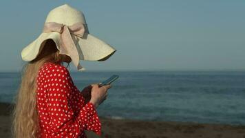 Woman using smartphone, reading and typing text messaging on beach on background of waves of sea video
