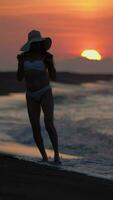 lleno longitud mujer en bikini y Paja Dom sombrero caminando en arenoso playa a amanecer durante verano fiesta video