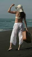 posteriore Visualizza di di mezza età adulto irriconoscibile donna Tenere valigia rilassamento su nero sabbioso spiaggia video