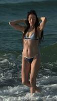 lleno longitud juguetón mujer en bikini caminando en playa en agua de rotura ondas. hembra 50 años antiguo video